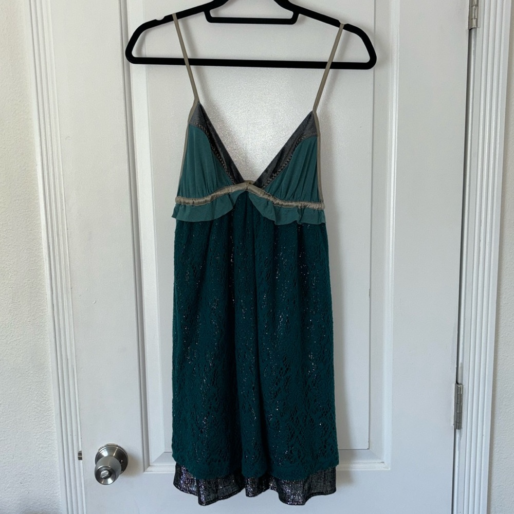 NWT free people layered crochet lame’ satin velvet tank mini dress 6 blue bin